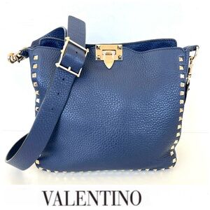 VALENTINO GARAVANI Rockstud Navy Pebbled Leather Medium Shoulder Messenger Bag